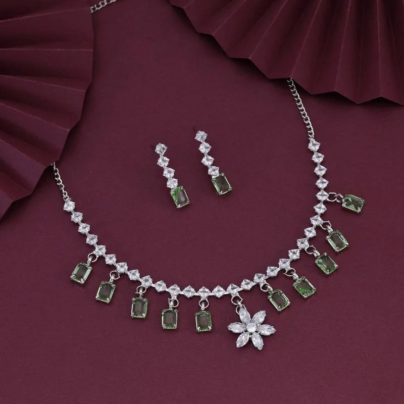 Flower Bloom Stone Necklace set - Pista Green